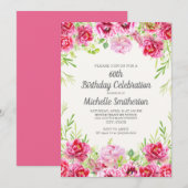Invitation Aquarelle rose verdure fleurie 60e anniversaire (Devant / Derrière)