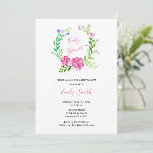 Invitation Aquarelle rose verte | Baby shower virtuel (Debout devant)