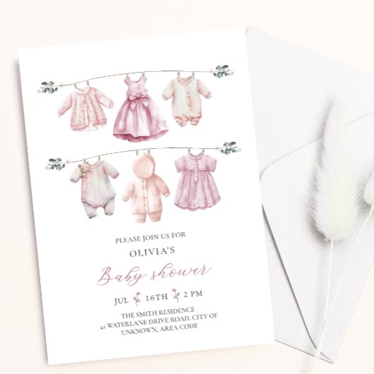 Invitation Aquarelle rose Vêtements de bébé Baby shower fille