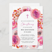 Invitation Aquarelle rose vif Arc Floral Christening Inv (Devant / Derrière)
