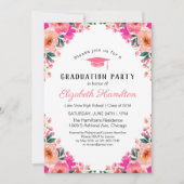 Invitation Aquarelle rose vif Fête de graduation florale (Devant)