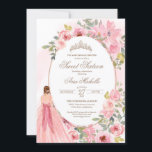 Invitation Aquarelle rose vif Floral Sweet 16 Anniversaire In<br><div class="desc">Fleurs d'aquarelle rose vif,  et une fille dans une belle robe assortie. 

Consultez la boutique pour cette invitation avec des filles dans différentes couleurs de cheveux et de teintes de peau et plus de variations.</div>