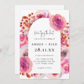 Invitation Aquarelle rose vif Mariage d'arc fleuri (Devant / Derrière)