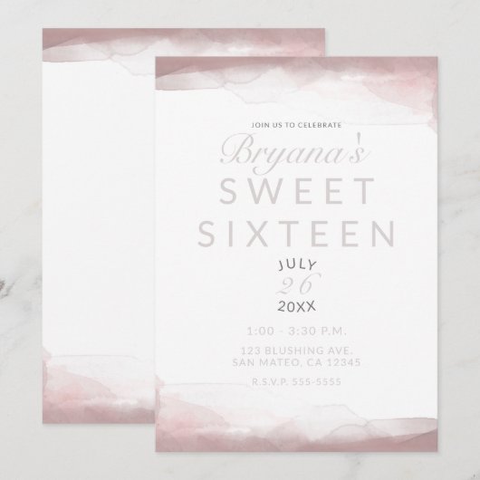Invitation Aquarelle rose vif Moderne Chic Sweet 16 (Devant / Derrière)