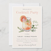 Invitation Aquarelle rose vif orange Cocktail Pool Party (Devant)