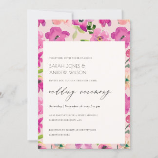 Invitation Aquarelle rose vif rétro Mariage floral