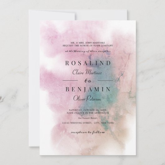 Invitation Aquarelle rose vif vert Mariage Abstrait (Devant)
