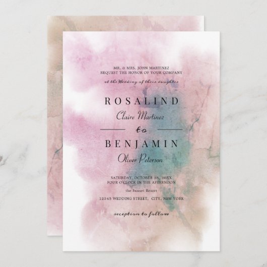 Invitation Aquarelle rose vif vert Mariage Abstrait (Devant / Derrière)