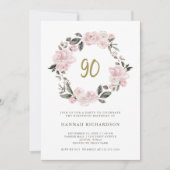 Invitation Aquarelle rose vintage | Anniversaire 90 ans (Devant)