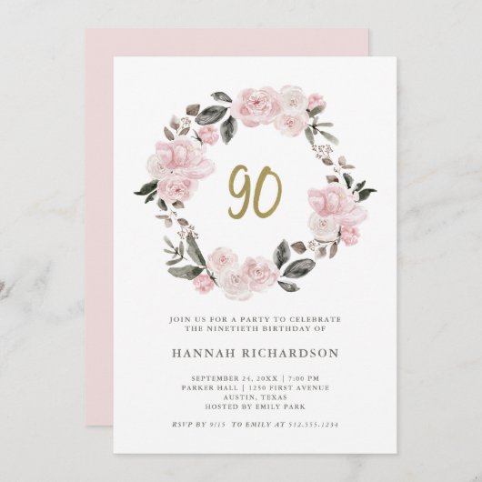 Invitation Aquarelle rose vintage | Anniversaire 90 ans (Devant / Derrière)