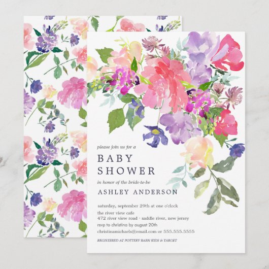 Invitation Aquarelle rose violet Baby shower Floral (Devant / Derrière)