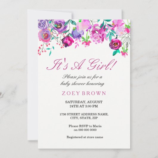 Invitation Aquarelle rose violet Baby shower Floral Invitatio (Devant)