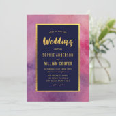 Invitation Aquarelle rose violet et Mariage or Faux (Debout devant)