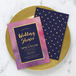 Invitation Aquarelle rose violet et Wedding shower or Faux<br><div class="desc">Cette élégante invitation à la douche de mariage présente une aquarelle rose violet, les mots "Wedding shower" et une bordure en feuille d'or faux et un centre bleu foncé. L'invitation comprend un faux motif à pois doré contre un arrière - plan bleu foncé à l'arrière. Consultez les éléments de Fête...</div>