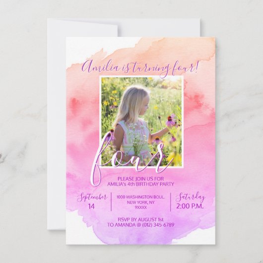 Invitation Aquarelle rose violet fille 4e ANNIVERSAIRE (Devant)