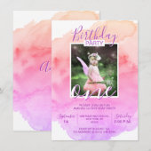 Invitation Aquarelle rose violet fille ANNIVERSAIRE 1ère ANNÉ (Devant / Derrière)