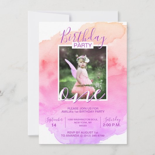 Invitation Aquarelle rose violet fille ANNIVERSAIRE 1ère ANNÉ (Devant)