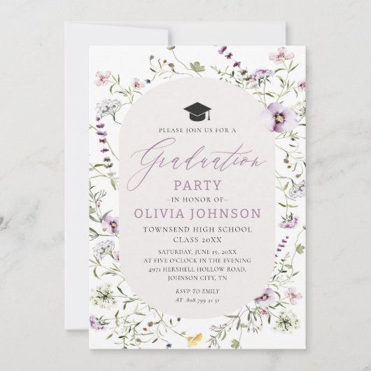 Invitation Aquarelle rose violet Fleur sauvage Graduation (Devant)