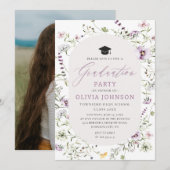 Invitation Aquarelle rose violet Fleur sauvage Graduation (Devant / Derrière)