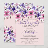 Invitation Aquarelle rose violet fleurie fête d'anniversaire (Devant / Derrière)