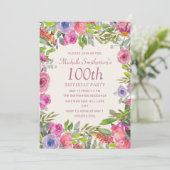 Invitation Aquarelle rose violet Fleurs sauvages 100e anniver (Debout devant)