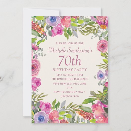 Invitation Aquarelle rose violet Fleurs sauvages 70e annivers (Devant)