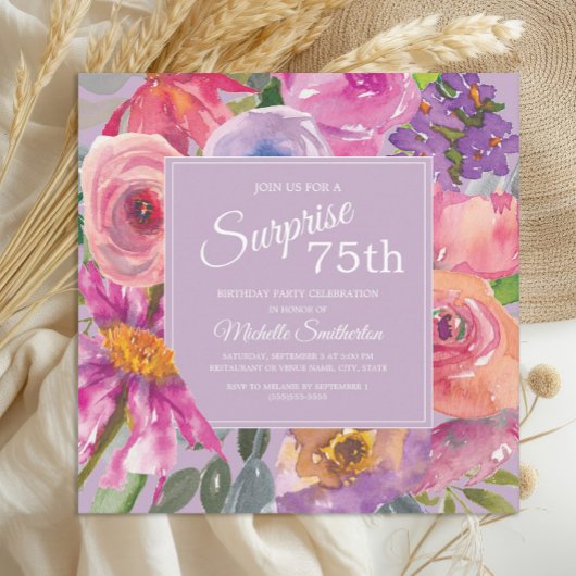 Invitation Aquarelle rose violet Fleurs sauvages 75e annivers