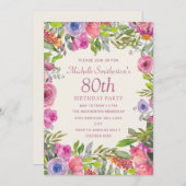 Invitation Aquarelle rose violet Fleurs sauvages 80e annivers (Devant / Derrière)