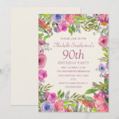Invitation Aquarelle rose violet Fleurs sauvages 90e annivers (Devant / Derrière)