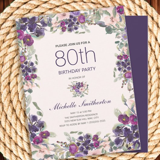 Invitation Aquarelle rose violet Floral 80e anniversaire
