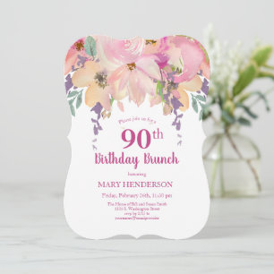 Invitation Aquarelle rose violet Floral 90e anniversaire Brun
