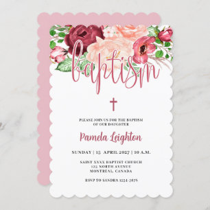 Invitation Aquarelle rose violet Floral Girl Baptême Invita