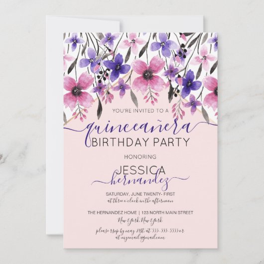 Invitation Aquarelle rose violet Floral Quinceañera (Devant)