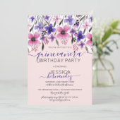 Invitation Aquarelle rose violet Floral Quinceañera (Debout devant)