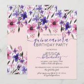 Invitation Aquarelle rose violet Floral Quinceañera (Devant / Derrière)
