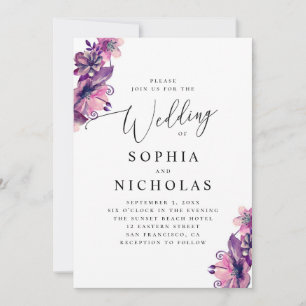 Invitation Aquarelle rose violet floral script mariage