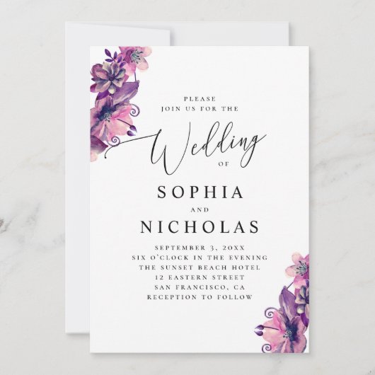 Invitation Aquarelle rose violet floral script mariage (Devant)
