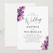 Invitation Aquarelle rose violet floral script mariage (Devant / Derrière)