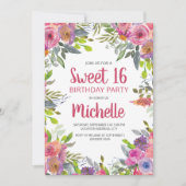 Invitation Aquarelle rose violet Floral Sweet 16 Anniversaire (Devant)