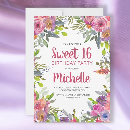 Invitation Aquarelle rose violet Floral Sweet 16 Anniversaire