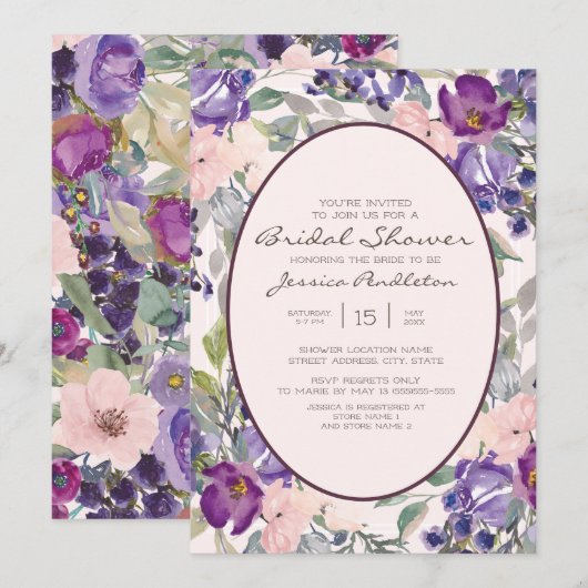 Invitation Aquarelle rose violet Jardin Fête des mariées flor (Devant / Derrière)