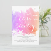 Invitation Aquarelle rose, violet, mariage de plage d'étoiles (Debout devant)