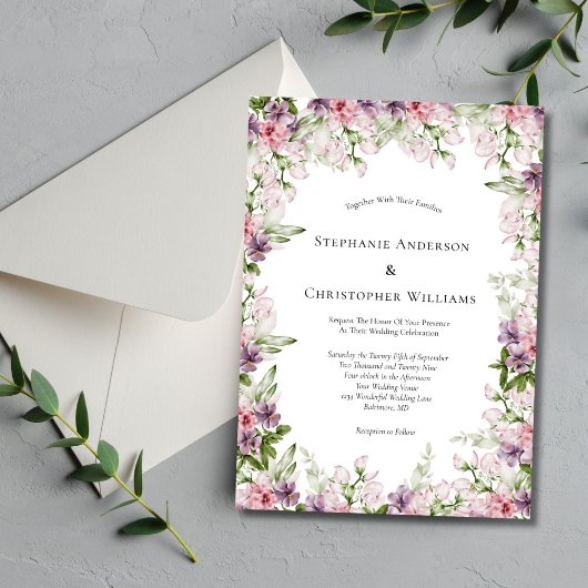 Invitation Aquarelle rose violet Mariage de verdure fleurie