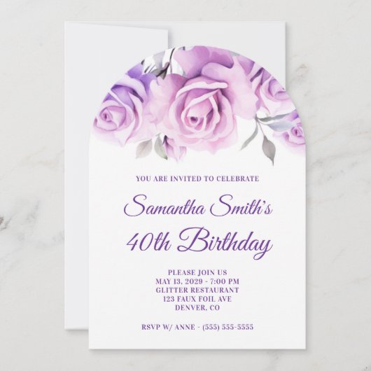 Invitation Aquarelle rose violet Roses Photo 40e anniversaire (Devant)