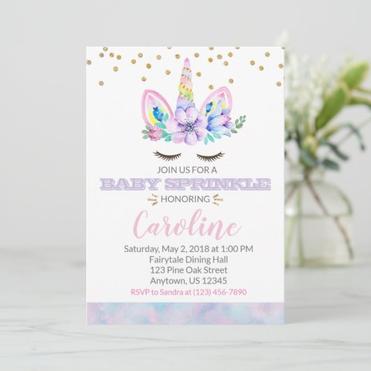 Invitation Aquarelle rose violet Style Unicorn Baby Sprinking (Debout devant)