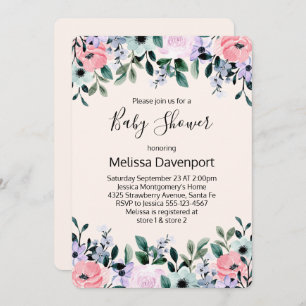 Invitation Aquarelle rose violet vert Baby shower Floral