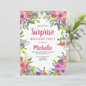 Invitation Aquarelle rose violet vert floral Anniversaire (Debout devant)