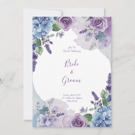 Invitation Aquarelle Rose Violette Hydrangea Bleue Couronne d (Devant)