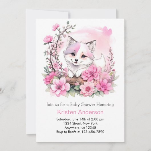 Invitation Aquarelle rose Wolf Bliss Baby shower fille (Devant)