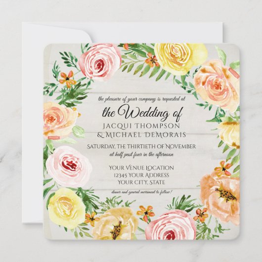 Invitation Aquarelle Rose Wreath Rose Bois rustique (Devant)